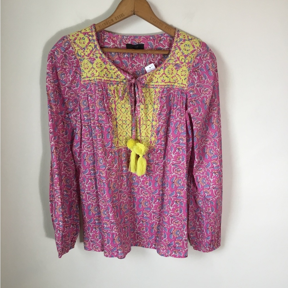 J. Crew Embroidered Cotton‎ Voile Top in Block Print